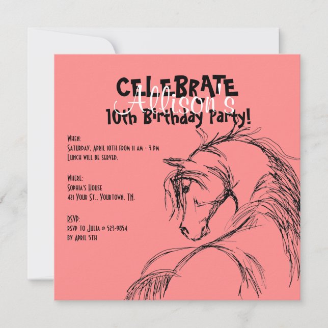 Croquis de tête de cheval rose et noir Invitation  (Devant)