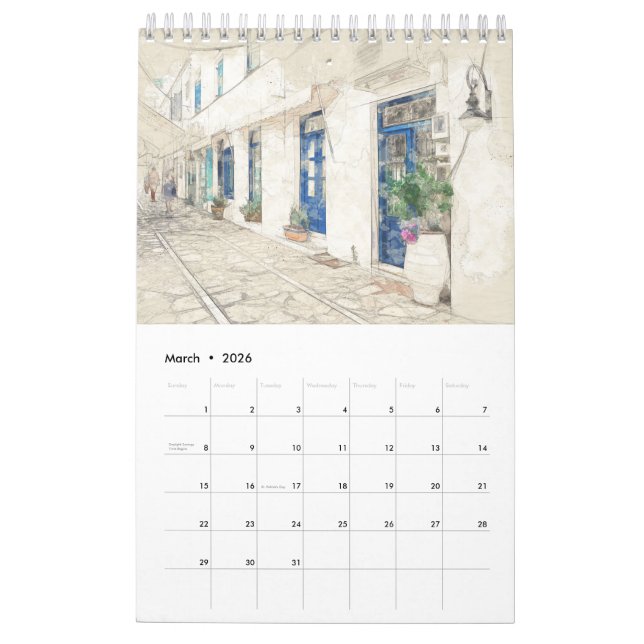 Croquis grecs 2026 Calendrier mural - Dessin à la  (Mar 2026)