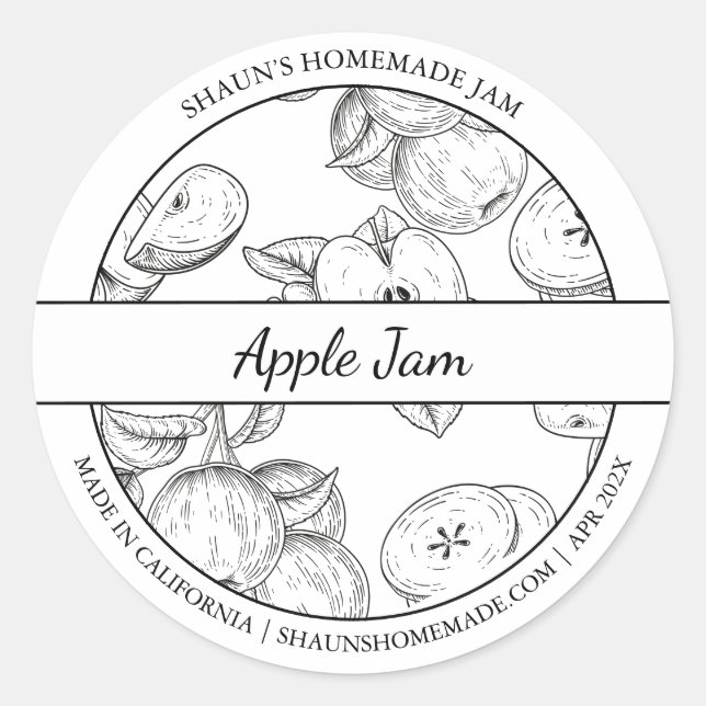 Croquis noir et blanc étiquette de confiture Apple (Devant)
