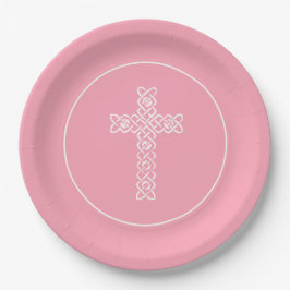 Cross Flamingo Pink Kommunion Taufe Christening Pappteller
