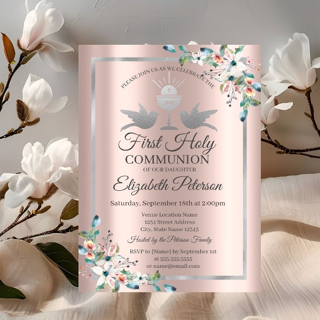 Cross Floral Rose Gold Erste Heilige Kommune Einladung (Von Creator hochgeladen)