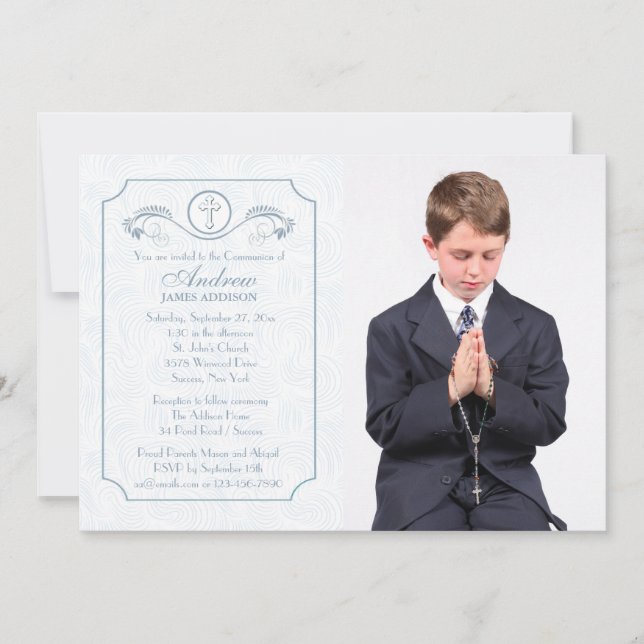 Cross Focus Blue Photo Invitation religieuse (Devant)