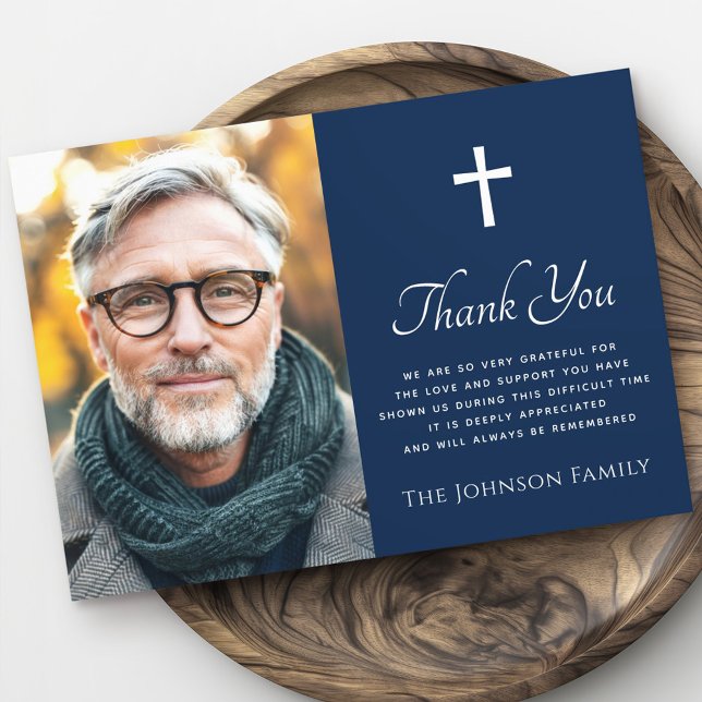 Cross Foto dunkelblaues Beileid Dankeschön Karte (Cross photo dark blue sympathy thank you card)