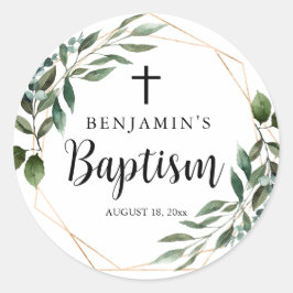 Cross Greenery Gold Baptism Klassischer Round Stic Runder Aufkleber