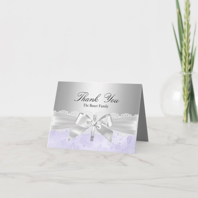 Cross & Lace Bow Purple Baptism Thank You Card Dankeskarte (Vorderseite)
