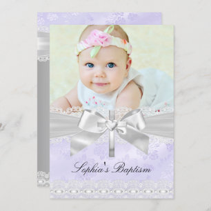 Cross Lace Bow Purple Photo Baptême Invitation