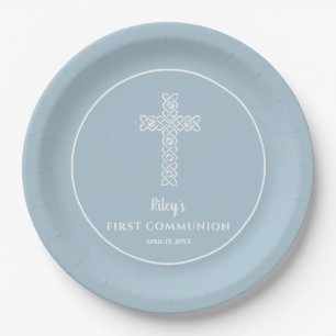 Cross on Steel Blue Communion Taufe Christening Pappteller