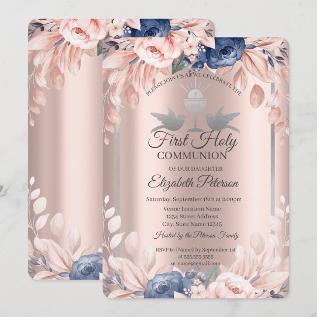 Cross Rose Gold Blume Erste Heilige Kommune Einladung (Vorne/Hinten)