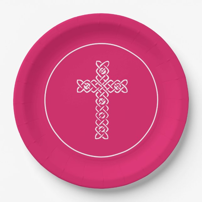 Cross Ruby Pink Kommunion Taufe Christening Pappteller (Vorderseite)