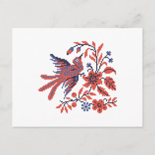Cross-stitch Charm bird on twig of flowers blossom Postkarte