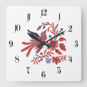 Cross-stitch Charm bird on twig of flowers blossom Quadratische Wanduhr
