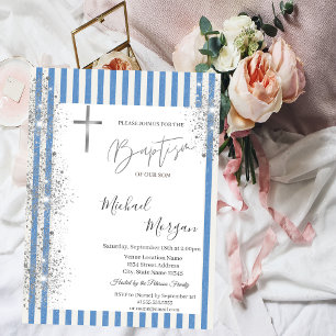Cross-Taufe Silver Glitzer Confetti Blau Streifen Einladung