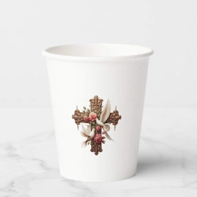 Cross with Doves - Christian Faith Inspirational D Pappbecher (Vorderseite)