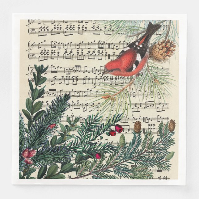 Crossbill mit Partitur und Kiefernspalten Serviette (Vorderseite)