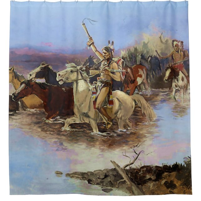 "Crossing the River" von Charles M Russell Duschvorhang (Vorderseite)