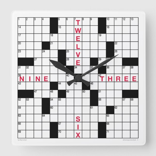 Crossword Clock with downloadable puzzle (black) Quadratische Wanduhr (Vorderseite)