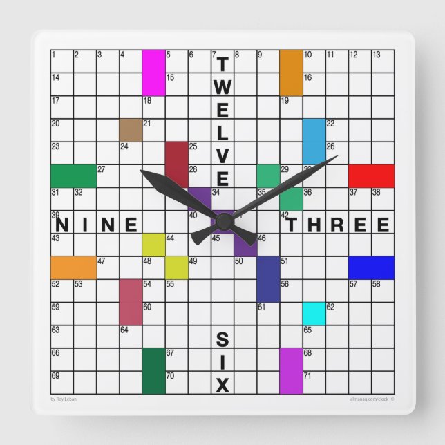 Crossword Clock with downloadable puzzle (color) Quadratische Wanduhr (Vorderseite)