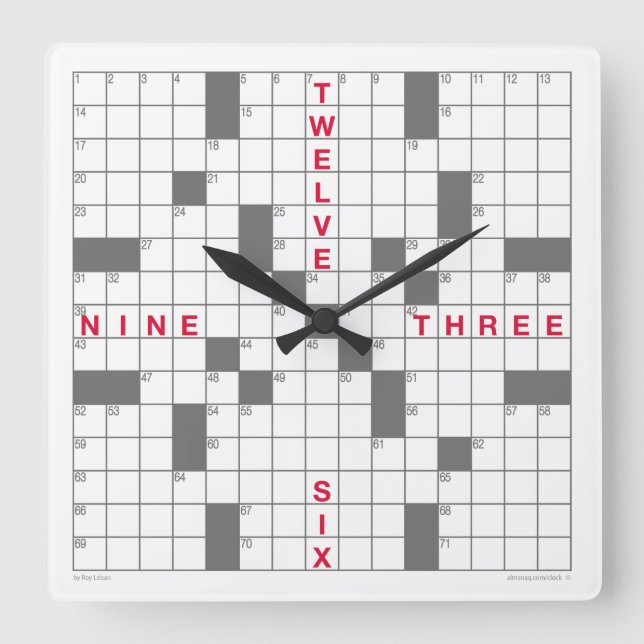 Crossword Clock with downloadable puzzle (gray) Quadratische Wanduhr (Vorderseite)