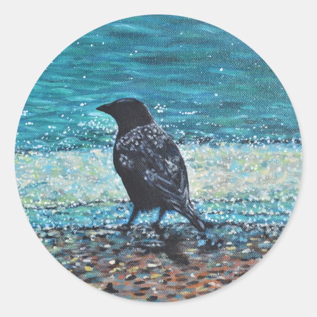 Crow auf der Strandmalerei Runder Aufkleber (Vorderseite)