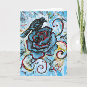 Crow auf einer blauen Rose, Grußkarte Karte