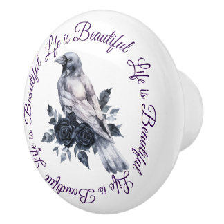 Crow Bird Black Roses Script Nature Keramikknauf