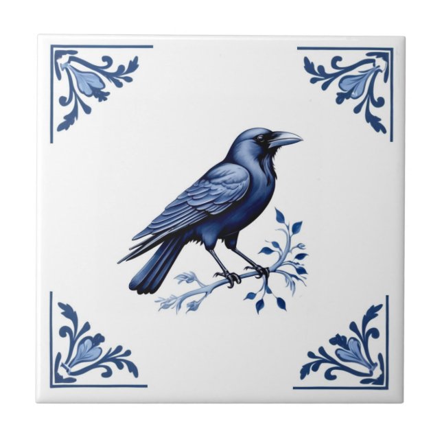 Crow Bird Delft Blue und White Floral Corners Fliese (Vorderseite)