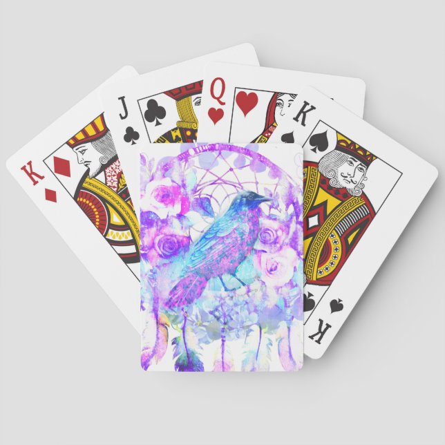 Crow Dreamcatcher Blue Lila Floral Spielkarten (Rückseite)
