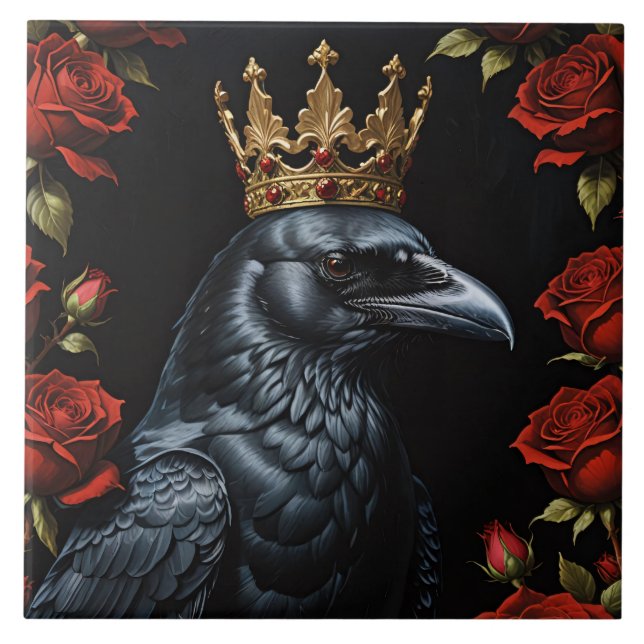 Crow in A Gold Crown Ruby-Rote Rosen Fliese (Vorderseite)