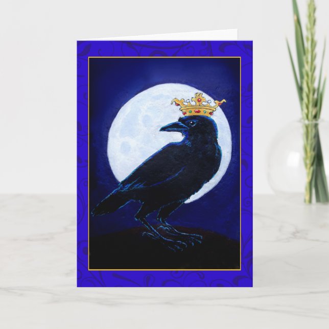 Crow King oder Queen mit Mond, Crown Grußkarte Karte (Vorderseite)