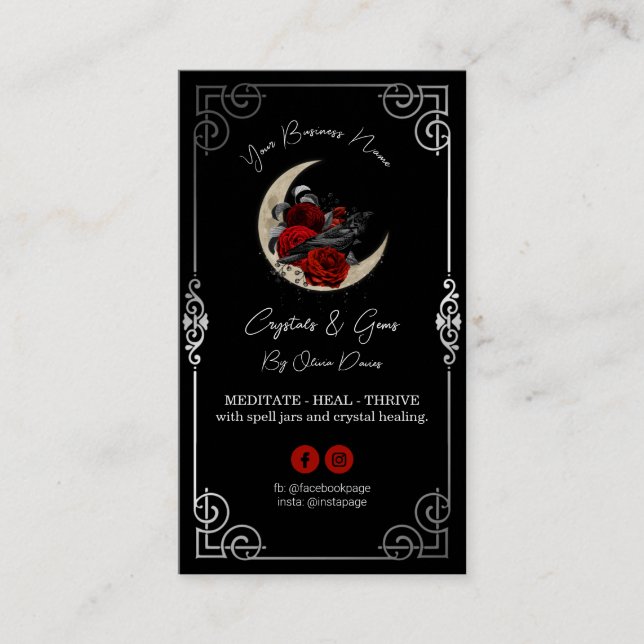 Crow on Moon Black Business Card Visitenkarte (Vorderseite)