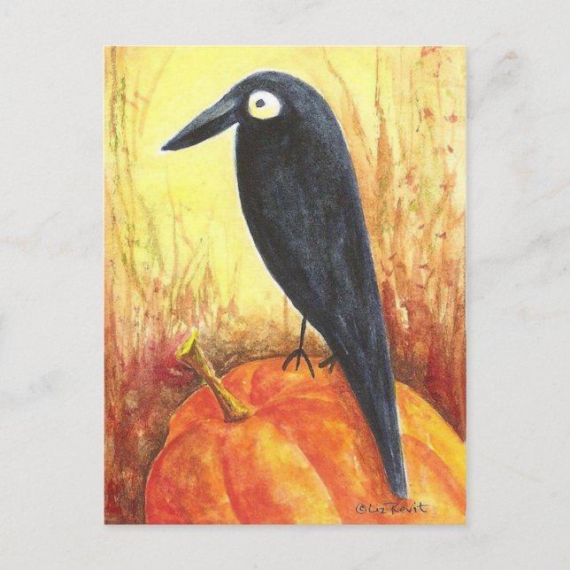 Crow on Pumpkin Postcard von Liz Revit Postkarte (Vorderseite)