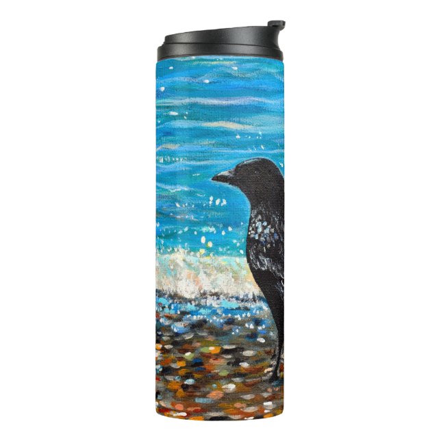 Crow on the Beach 2 Painting Thermosbecher (Nach links gedreht)