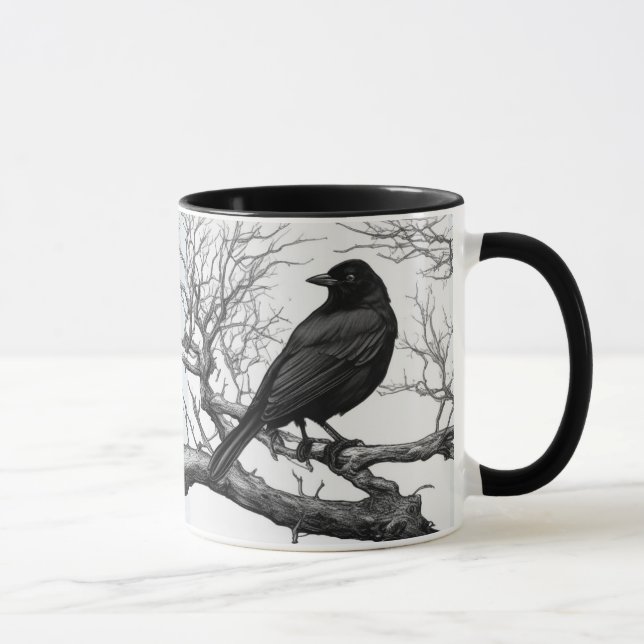 Crow Perched on Bare Winter Branches Tasse (Rechts)