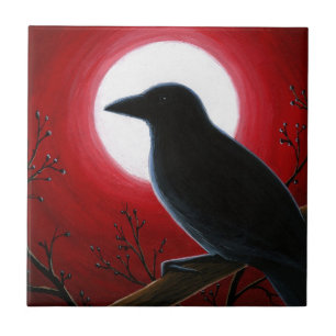 Crow Raven Bird 62 Moon Red Fliese