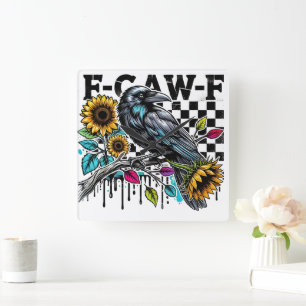 Crow Raven F-CAW-F Funny Halloween Quadratische Wanduhr