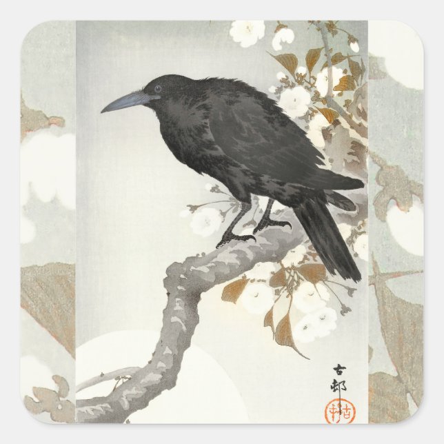 Crow Raven Koson Japanese Bird Quadratischer Aufkleber (Vorderseite)