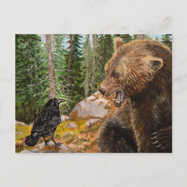 Crow Raven prangert Grizzly Bären als Postkarte (Vorderseite)