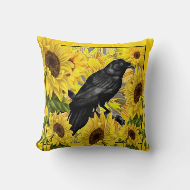 CROW/RAVEN UNTER GELBEN SONNENBLUMEN KISSEN (Vorderseite)