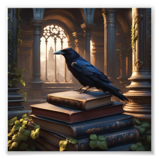 Crow sitzt auf alten Büchern in einer Kirche Fotodruck (Vorne)