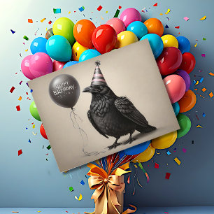 Crow starrt zum Geburtstagsballon Holzkohle Postkarte