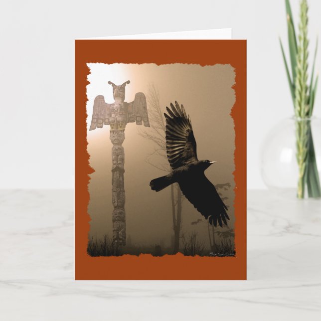 CROW & TOTEM POLE Native American Theme Card Dankeskarte (Vorderseite)