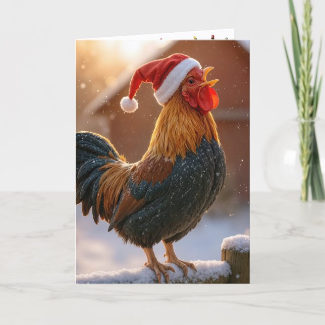 Crowing Christmas Rooster Wearing a Santa Hat Karte (Vorderseite)