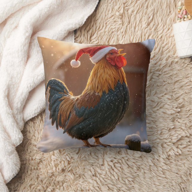 Crowing Christmas Rooster Wearing a Santa Hat Kissen (Decke)