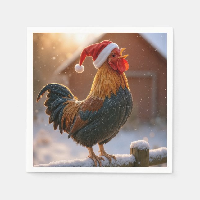 Crowing Christmas Rooster Wearing a Santa Hat Serviette (Vorderseite)