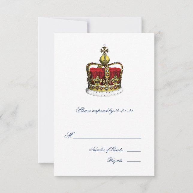 Crown and Union Jack Flag Wedding RSVP Karte (Vorderseite)