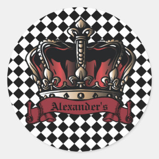 Crown Barber Logo Checked Background Personalize Runder Aufkleber