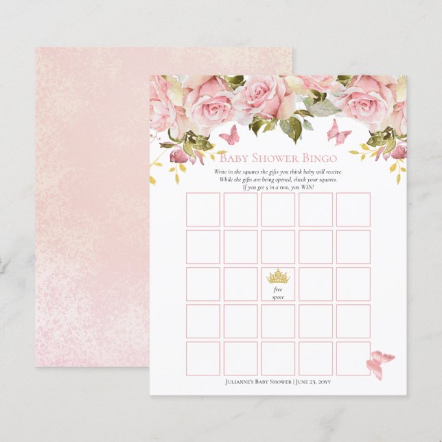 Crown | Butterflies Floral Baby Shower Bingo Card (Vorne/Hinten)