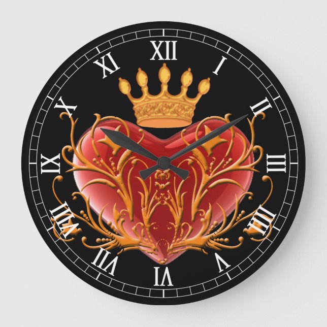 Crown Filigree Heart Round Roman Numerals Clock Große Wanduhr (Vorderseite)