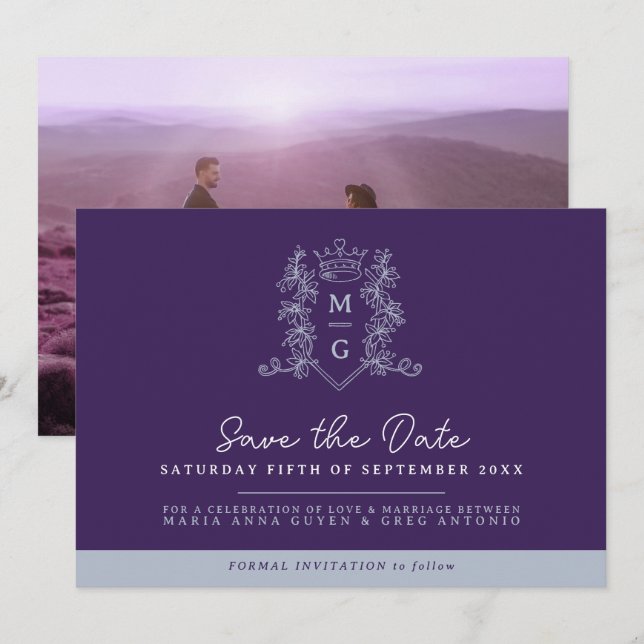Crown Foto Hochzeit speichern Sie das Datum lila g Save The Date (Vorne/Hinten)