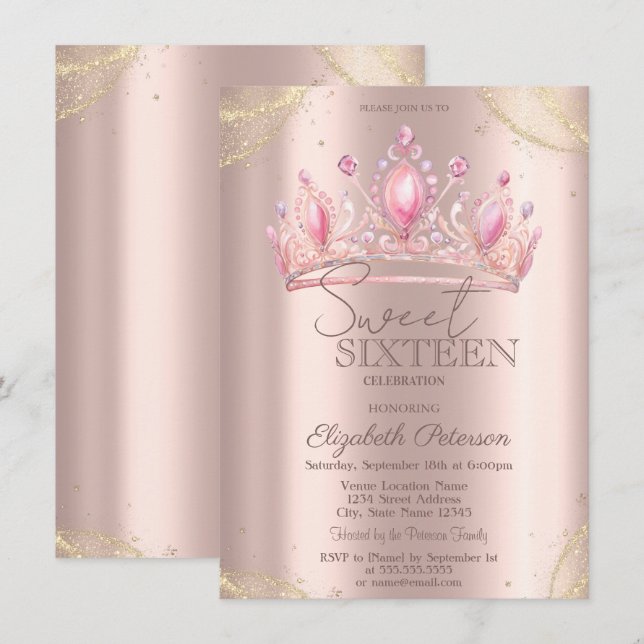  Crown Gold Glitter Corners Rose Gold Sweet 16   Einladung (Vorne/Hinten)